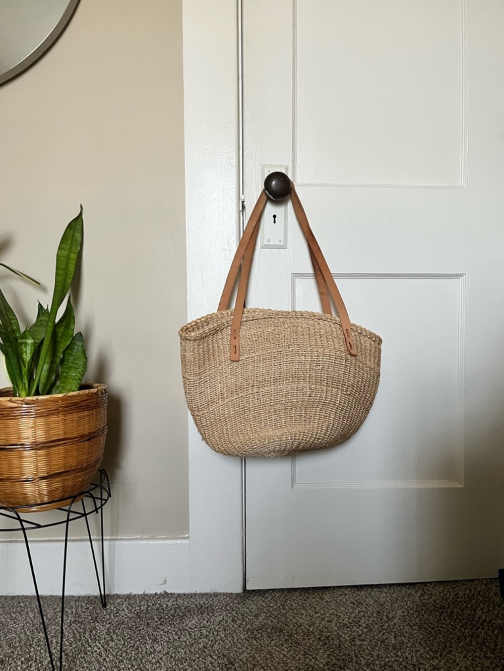 Woven Straw Tote Bag with Tan Leather Handles